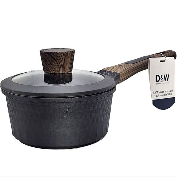 D&W Premium Cookware 6.3in Saucepan Casserole with Lid Charcoal Aluminum 1.4QT - Picture 1 of 15